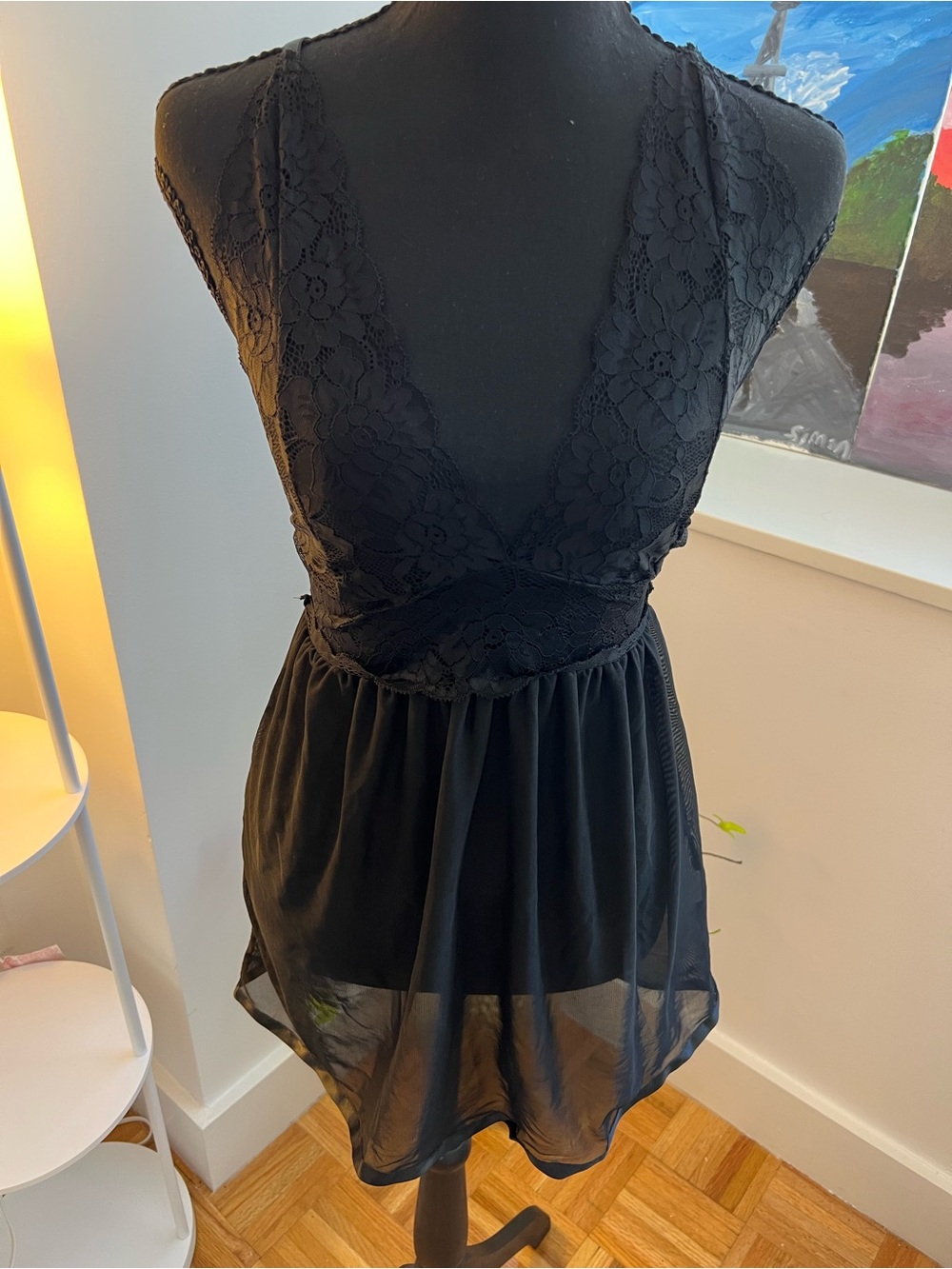 Lace-Trim Black Chiffon Babydoll Chemise